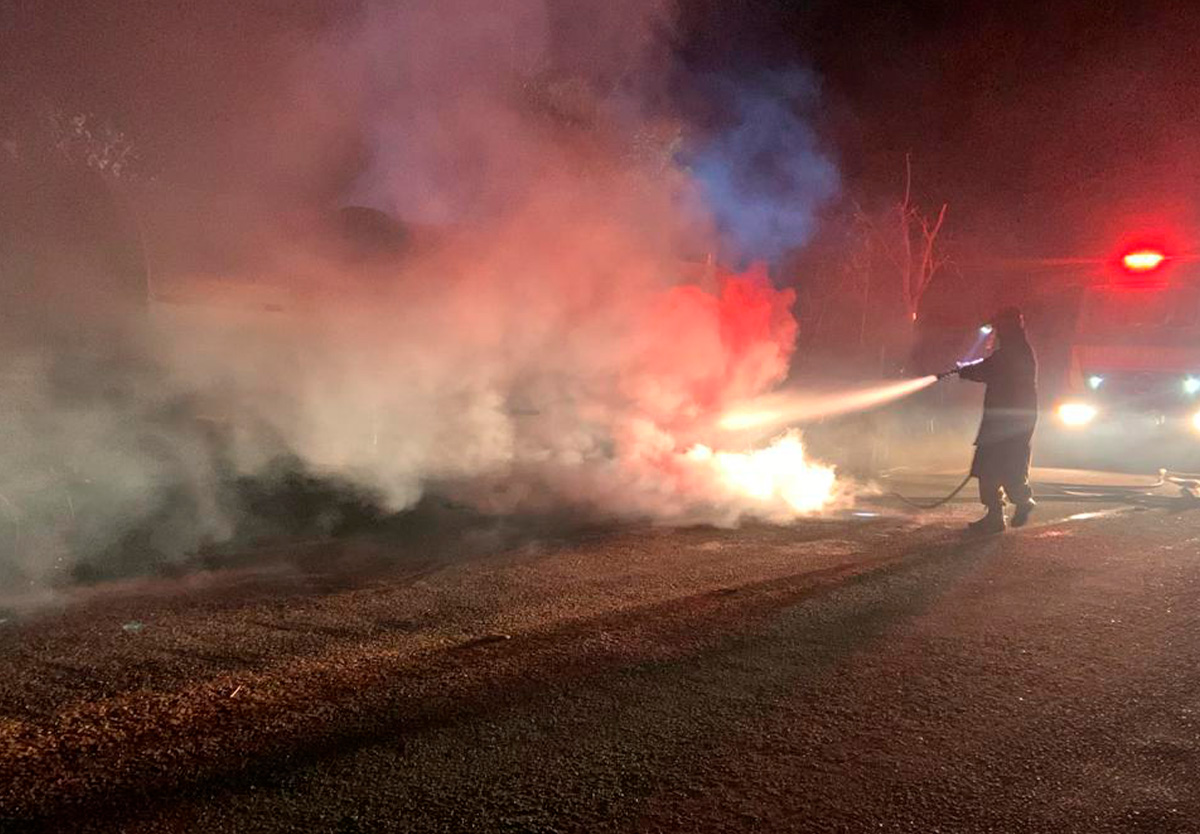 Bombeiros combatem incêndio em rodotrem na GO-305 próximo a Cumari.